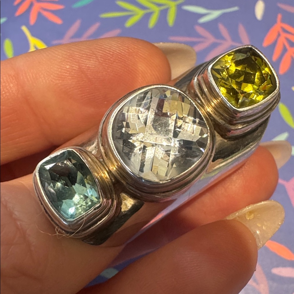 Solid Sterling Silver Ring With Green And Blue Ge… - image 7